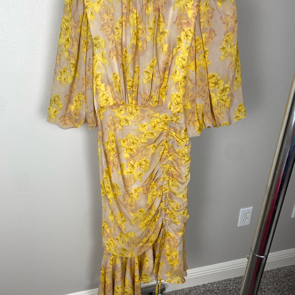 YELLOW BLOSSOM DRAWSTRING ASYMMETRIC RUFFLE MIDI DRESS